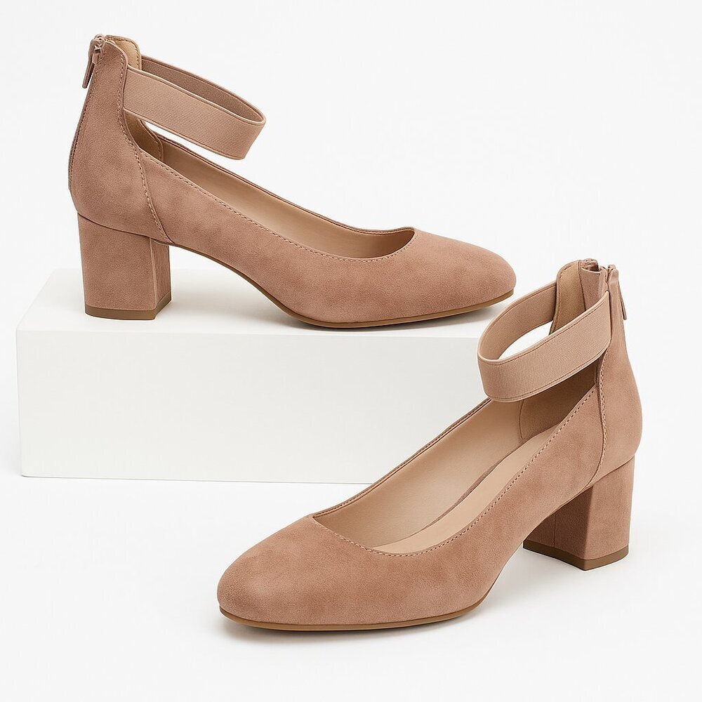 White Mountain Makayla Taupe Suede Block Heel Ankle Strap Pumps Women’s 8M
